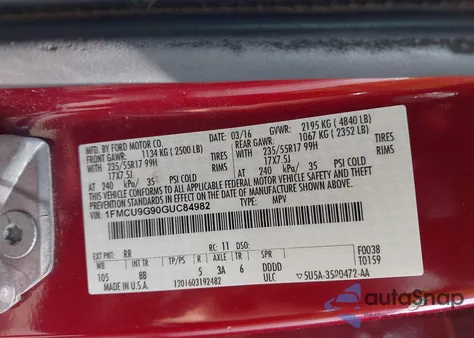 2016 Ford Escape Se from USA, damaged, VIN 1FMCU9G90GUC84982